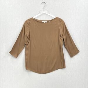 VINCE Boat Neck Silk Blend Blouse Top Womens XS Camel Brown 3/4 Sleeve Pullover